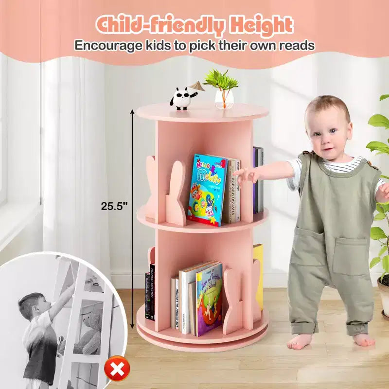 Costway Kids Rotating Bookshelf 2 Tier Freestanding 360 Revolving Display Storage Rack White/Pink