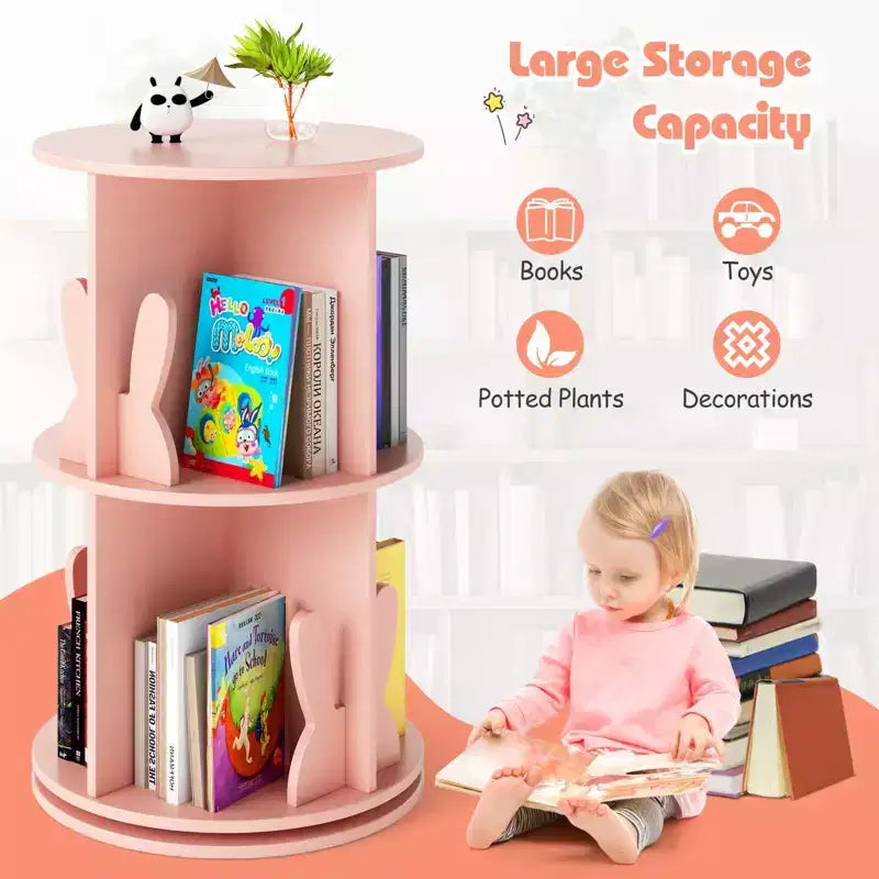 Costway Kids Rotating Bookshelf 2 Tier Freestanding 360 Revolving Display Storage Rack White/Pink