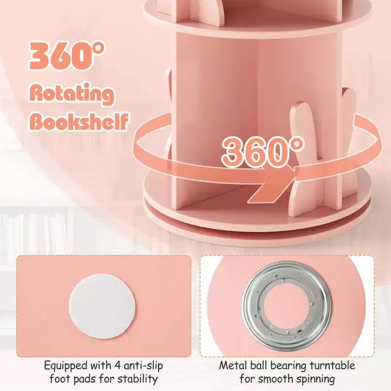 Costway Kids Rotating Bookshelf 2 Tier Freestanding 360 Revolving Display Storage Rack White/Pink