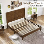 AMERLIFE Solid Wood Bed Frame, Mid Century Platform Bed with Arched Lines Headboard