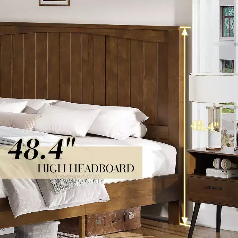 AMERLIFE Solid Wood Bed Frame, Mid Century Platform Bed with Arched Lines Headboard