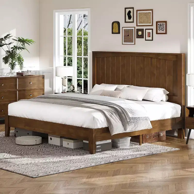 AMERLIFE Solid Wood Bed Frame, Mid Century Platform Bed with Arched Lines Headboard