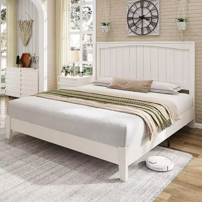 AMERLIFE Solid Wood Bed Frame, Mid Century Platform Bed with Arched Lines Headboard