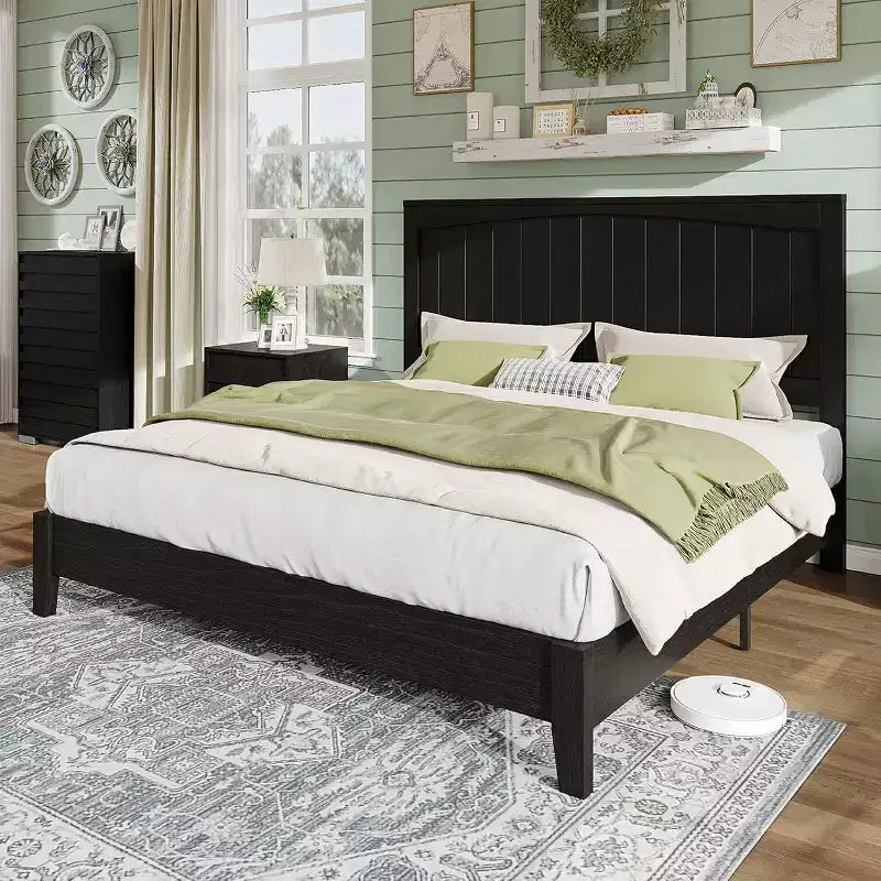 AMERLIFE Solid Wood Bed Frame, Mid Century Platform Bed with Arched Lines Headboard