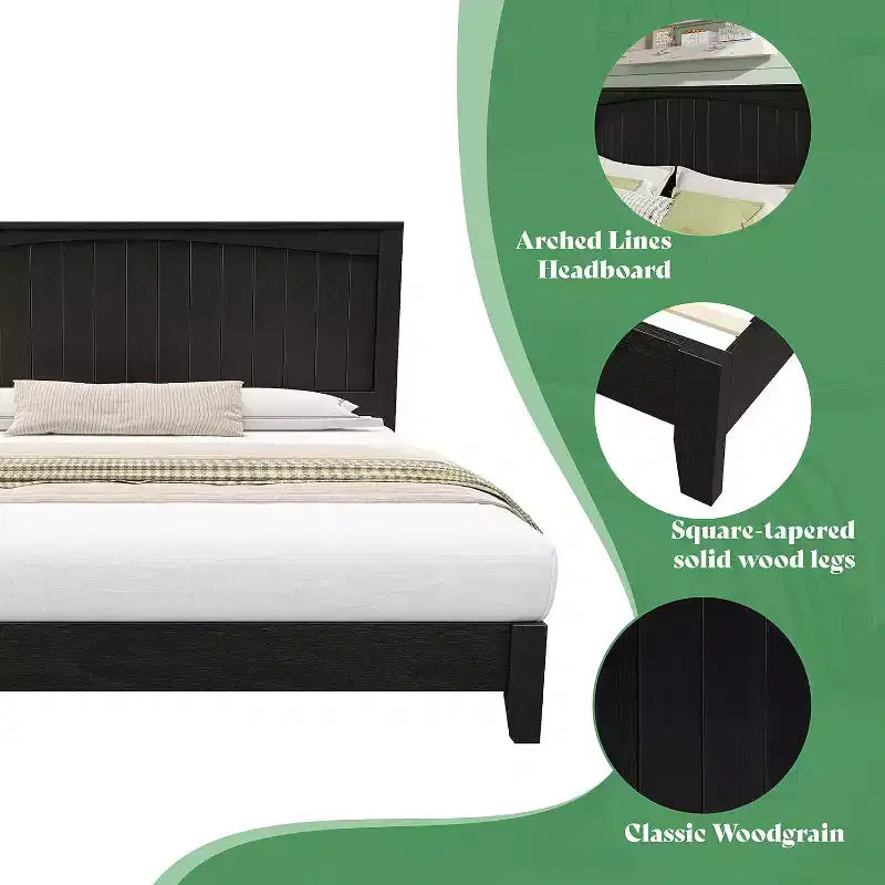 AMERLIFE Solid Wood Bed Frame, Mid Century Platform Bed with Arched Lines Headboard