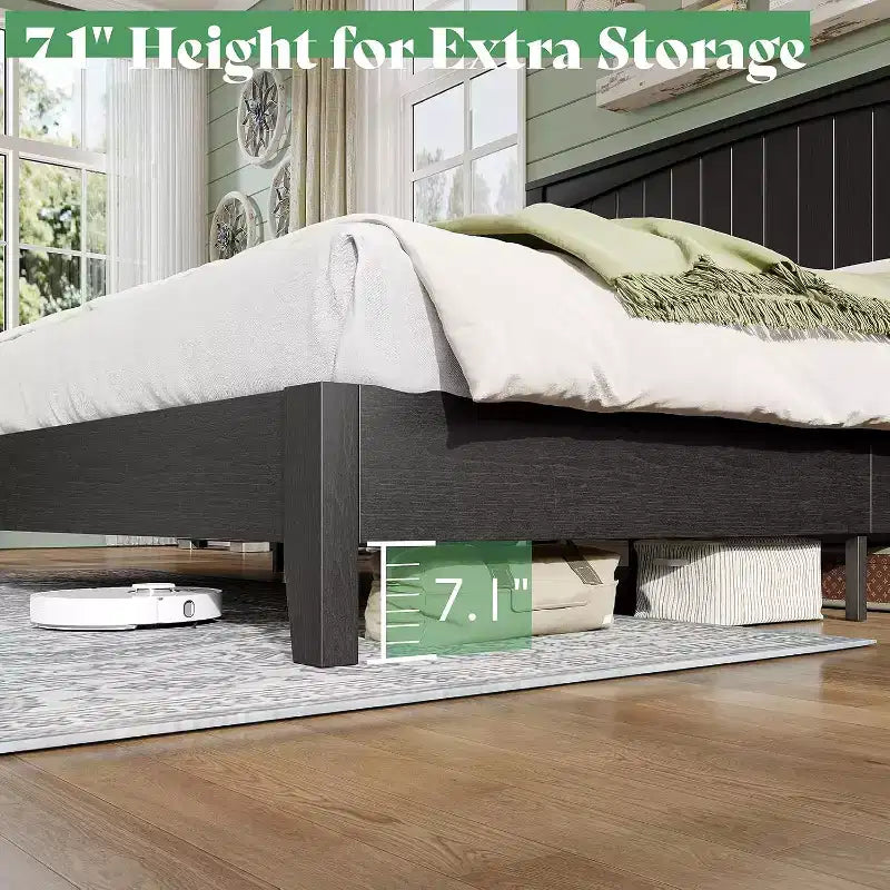 AMERLIFE Solid Wood Bed Frame, Mid Century Platform Bed with Arched Lines Headboard