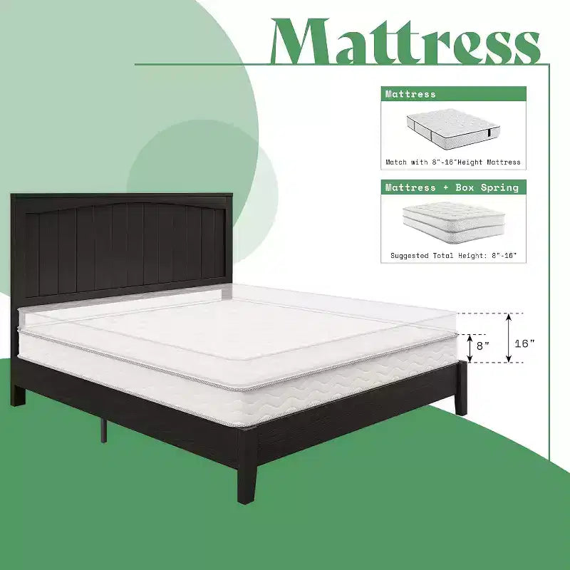 AMERLIFE Solid Wood Bed Frame, Mid Century Platform Bed with Arched Lines Headboard