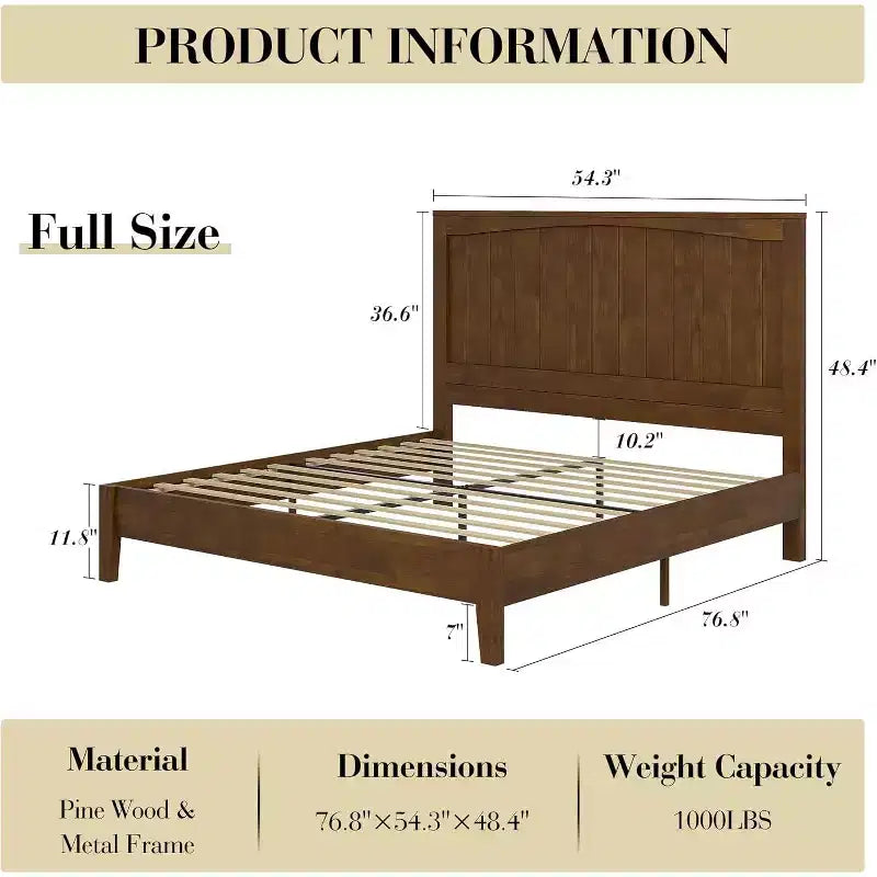 AMERLIFE Solid Wood Bed Frame, Mid Century Platform Bed with Arched Lines Headboard