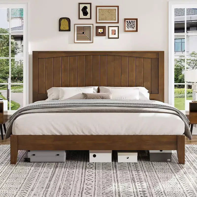 AMERLIFE Solid Wood Bed Frame, Mid Century Platform Bed with Arched Lines Headboard