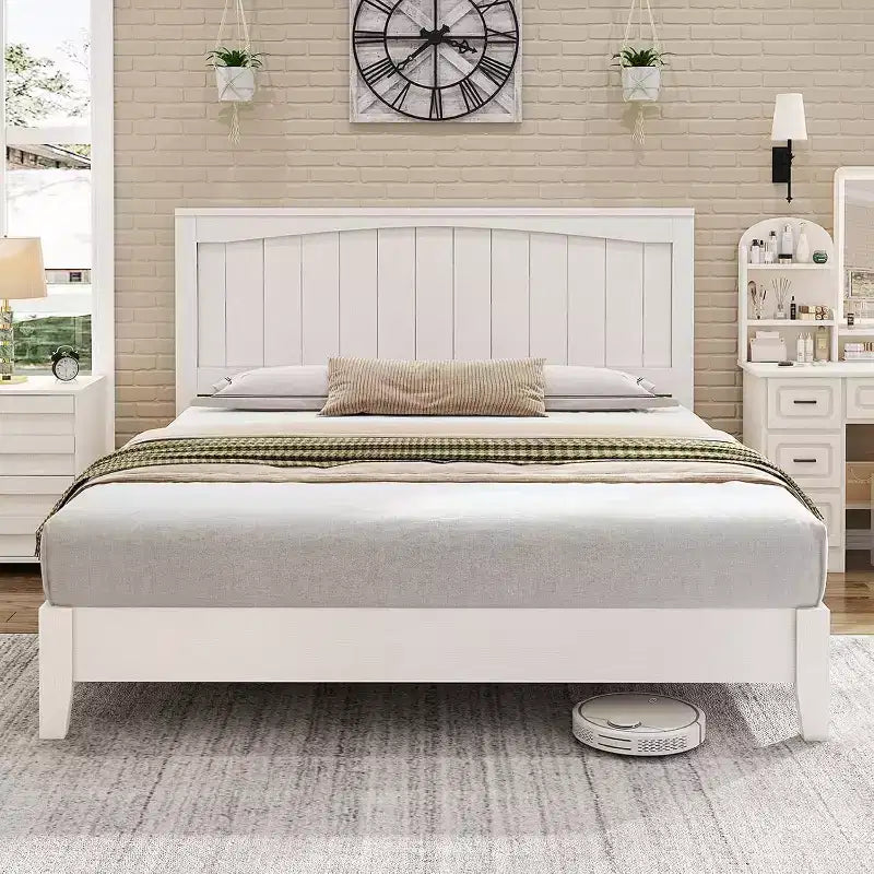 AMERLIFE Solid Wood Bed Frame, Mid Century Platform Bed with Arched Lines Headboard