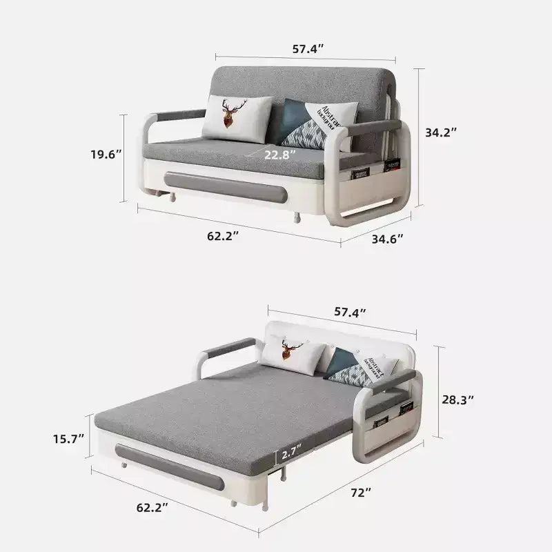 Luck Live Modern Patio Sofas 62.2in extendable pull Outdoor Sofa bed,Solid wood & White metal frame/Gray cushion with storage function