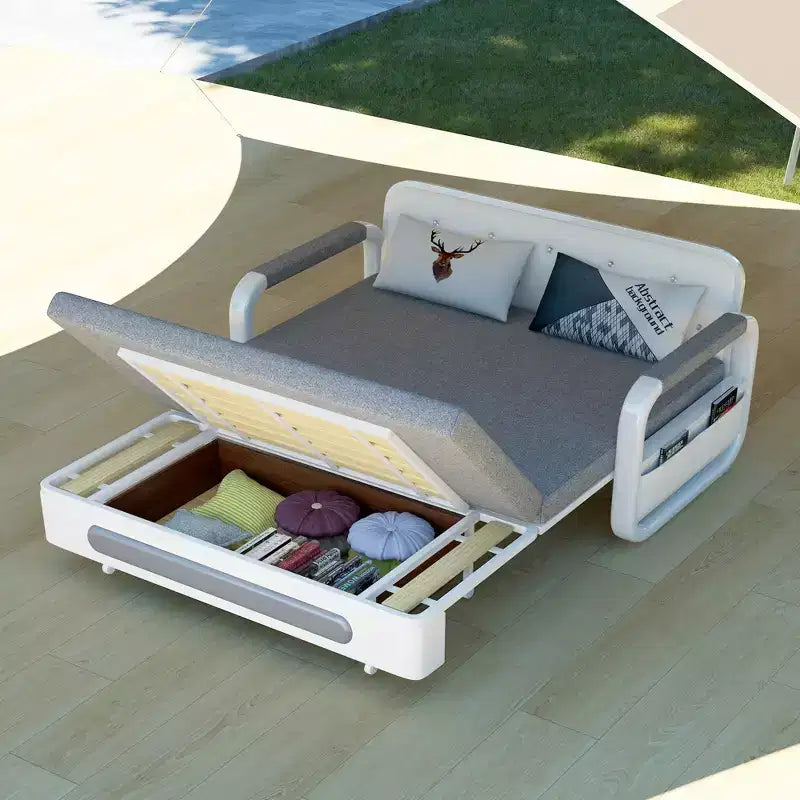 Luck Live Modern Patio Sofas 62.2in extendable pull Outdoor Sofa bed,Solid wood & White metal frame/Gray cushion with storage function