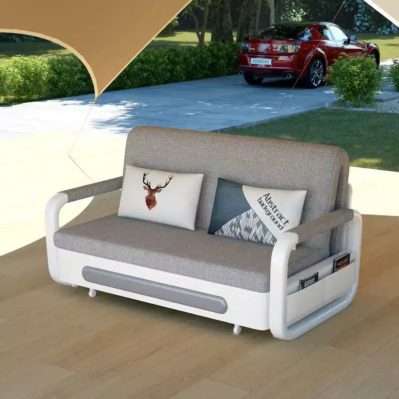 Luck Live Modern Patio Sofas 62.2in extendable pull Outdoor Sofa bed,Solid wood & White metal frame/Gray cushion with storage function