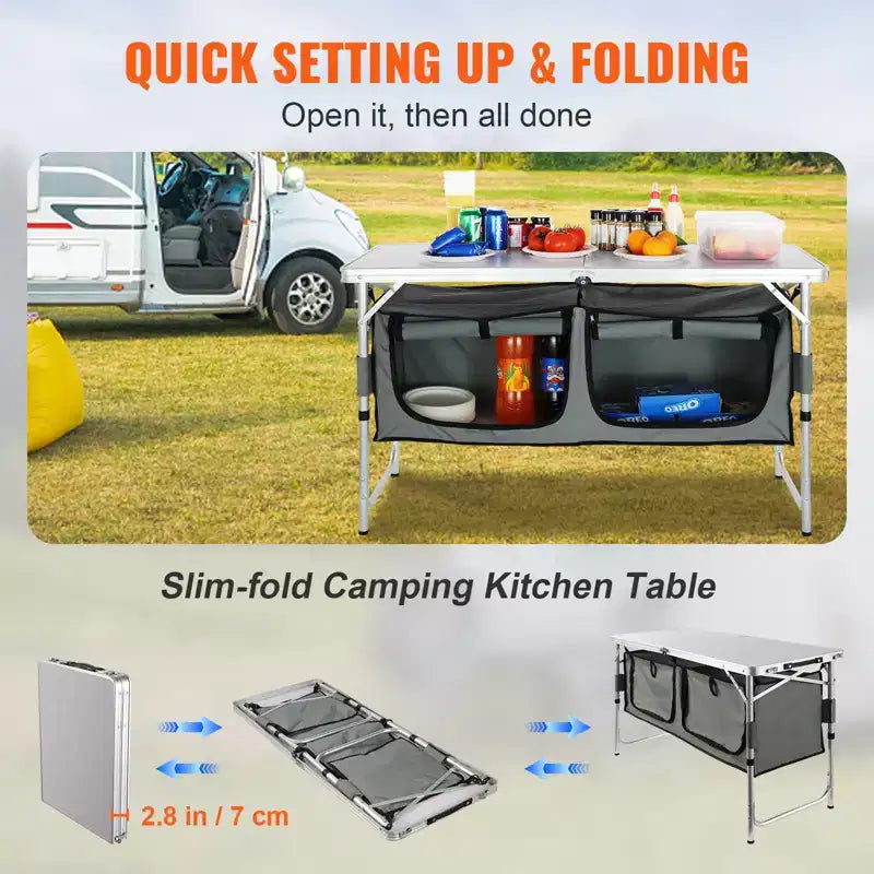 VEVOR Camping Kitchen Table, Quick set-up Folding Camping Table with A Carrying Bag, 3 Adjustable Heights, MDF Camping Table