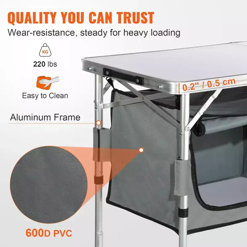 VEVOR Camping Kitchen Table, Quick set-up Folding Camping Table with A Carrying Bag, 3 Adjustable Heights, MDF Camping Table