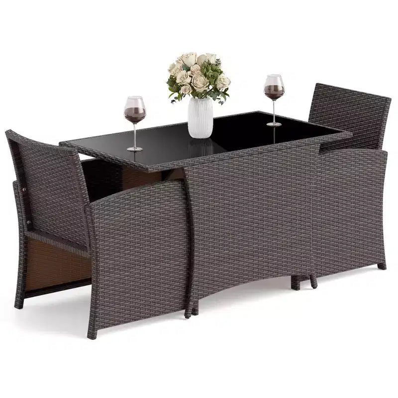 Costway 3 PCS Wicker Bistro Set Balcony Furniture Set with Tempered Glass Dining Table