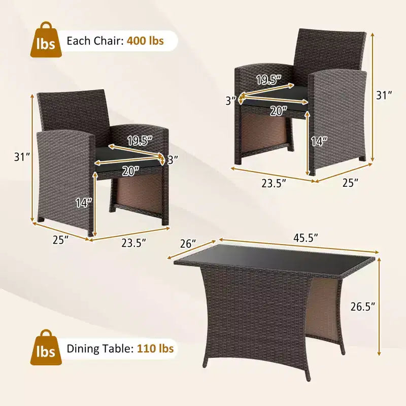 Costway 3 PCS Wicker Bistro Set Balcony Furniture Set with Tempered Glass Dining Table