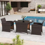 Costway 3 PCS Wicker Bistro Set Balcony Furniture Set with Tempered Glass Dining Table