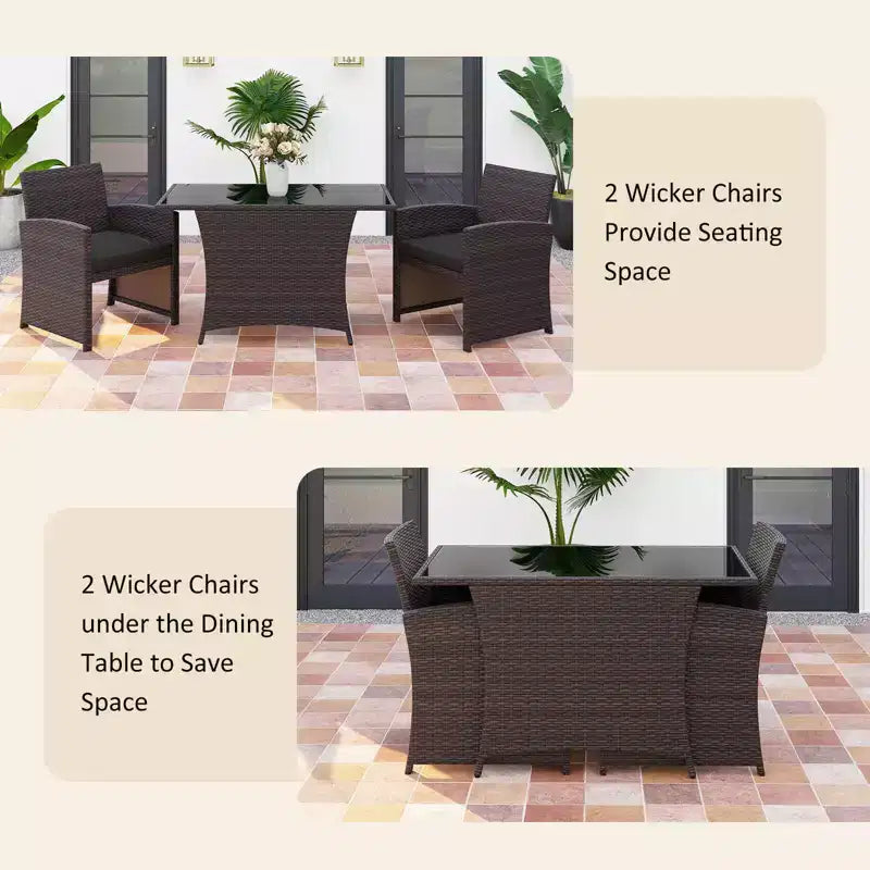 Costway 3 PCS Wicker Bistro Set Balcony Furniture Set with Tempered Glass Dining Table