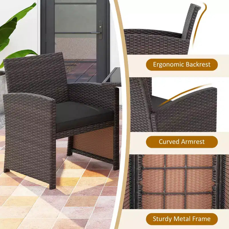 Costway 3 PCS Wicker Bistro Set Balcony Furniture Set with Tempered Glass Dining Table