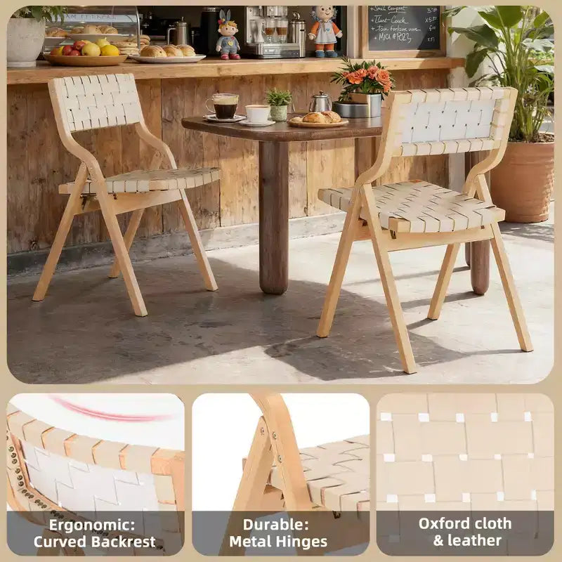 MAYEERTY 2-Set Wood Foldable & Stackable Dining Chairs for Dining Room, Woven Seat & Back, Beige - Natural