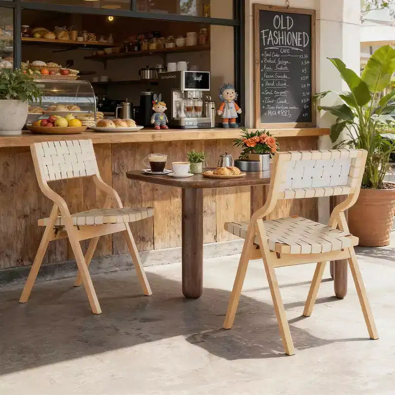 MAYEERTY 2-Set Wood Foldable & Stackable Dining Chairs for Dining Room, Woven Seat & Back, Beige - Natural