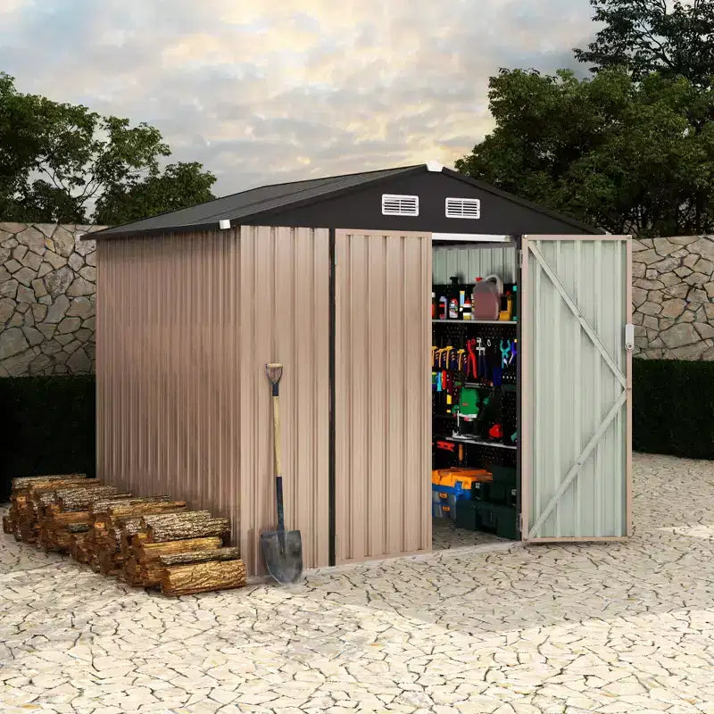 6 x 8 FT Outdoor Metal Storage Sheds Kit with Lockable Door, Utility Buildings with Air Vent for Backyard, Garden, Patio, Lawn
