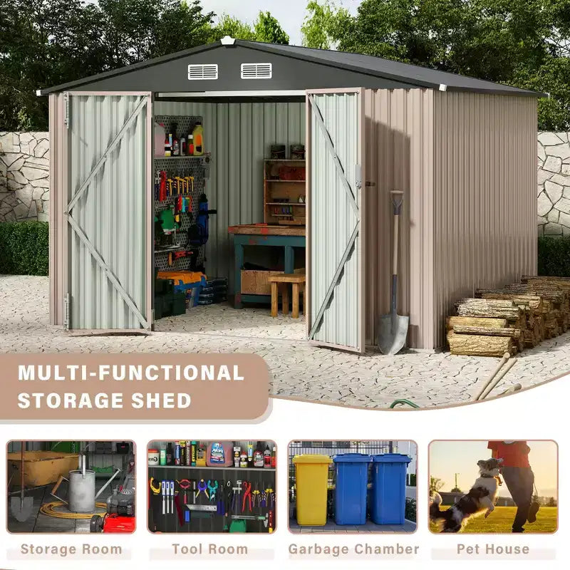 6 x 8 FT Outdoor Metal Storage Sheds Kit with Lockable Door, Utility Buildings with Air Vent for Backyard, Garden, Patio, Lawn