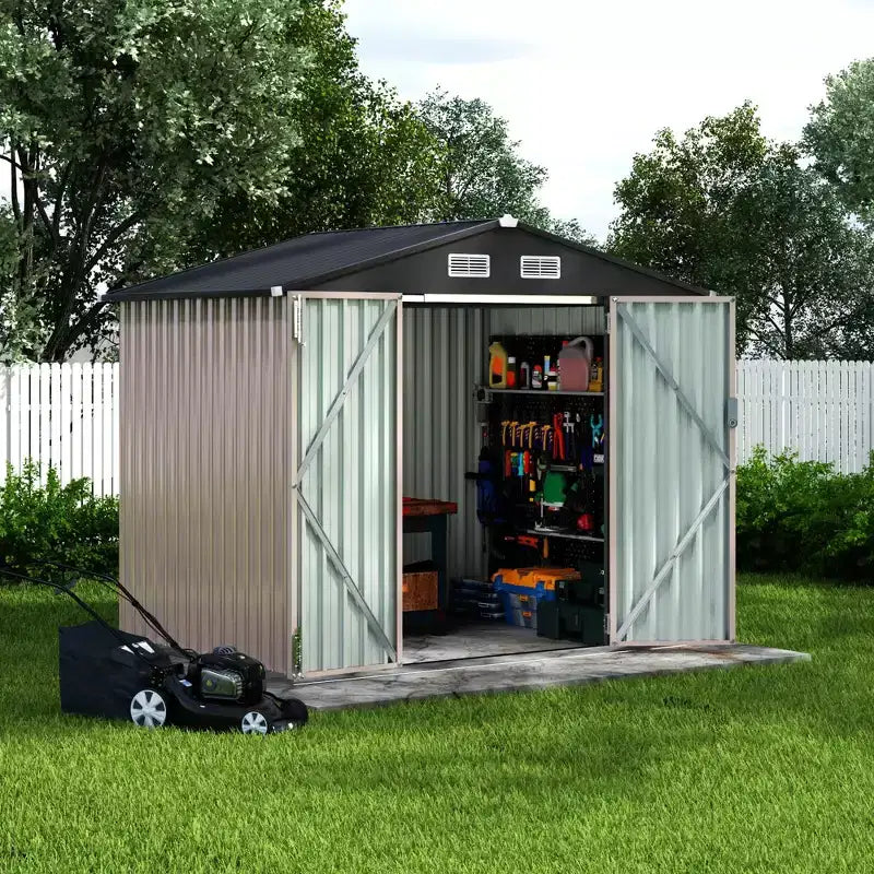 6 x 8 FT Outdoor Metal Storage Sheds Kit with Lockable Door, Utility Buildings with Air Vent for Backyard, Garden, Patio, Lawn