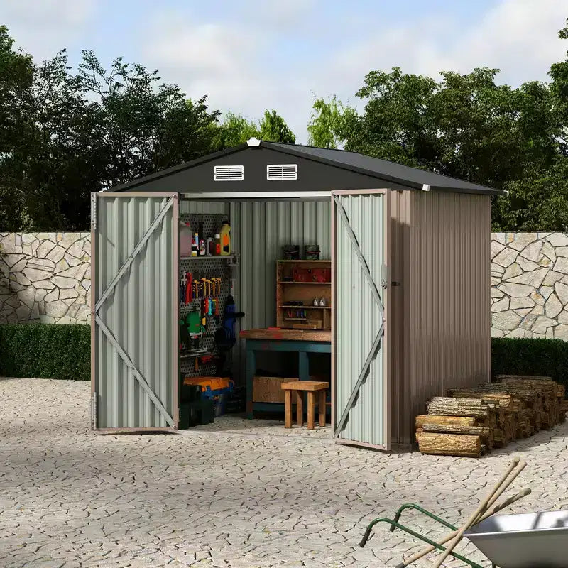 6 x 8 FT Outdoor Metal Storage Sheds Kit with Lockable Door, Utility Buildings with Air Vent for Backyard, Garden, Patio, Lawn