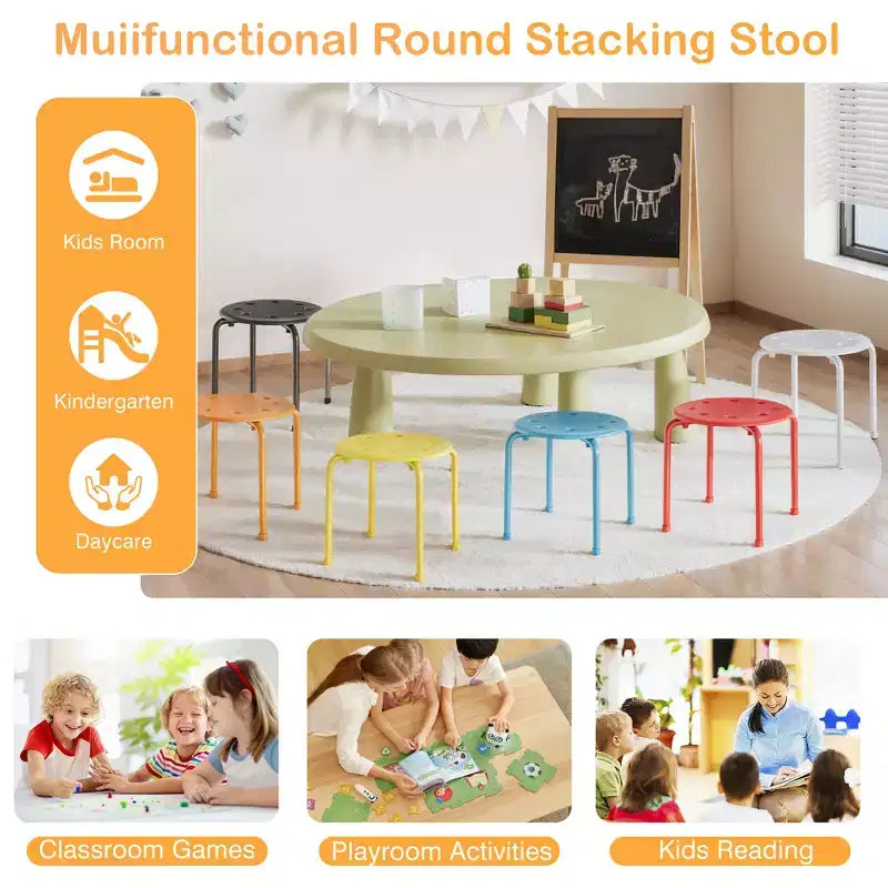 VECELO Stackable Stools for Classroom, 11.8 Height Plastic Portable Stacking Stool Chairs with Non-Slip Foot Mats for School, Set of 6/8