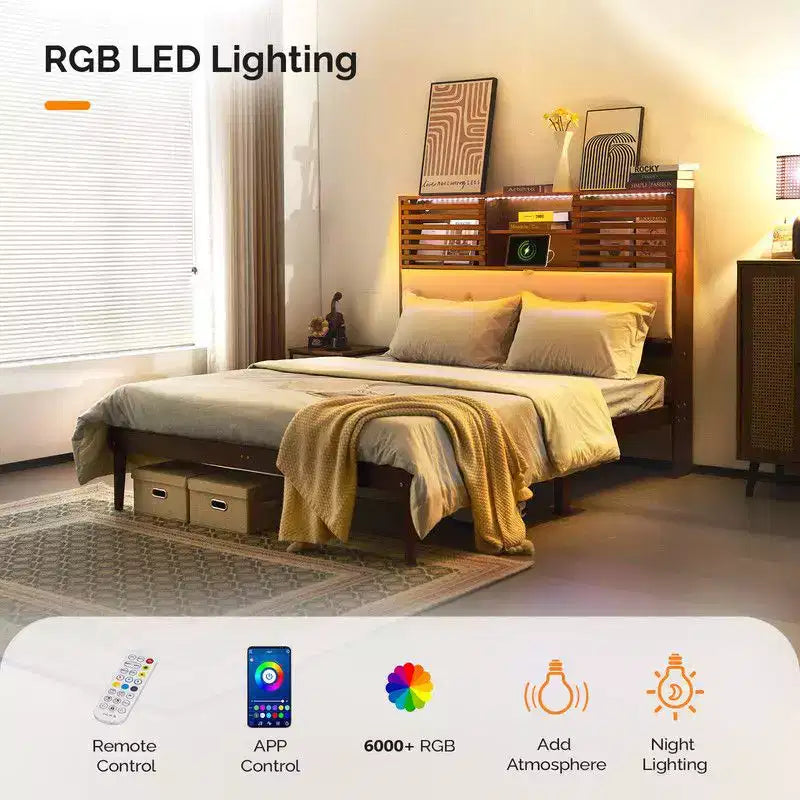 Karl Home Luxury Brown Wood Bed Frame Full Size Platform Bed with LED Upholstered Headboard, Charging Station