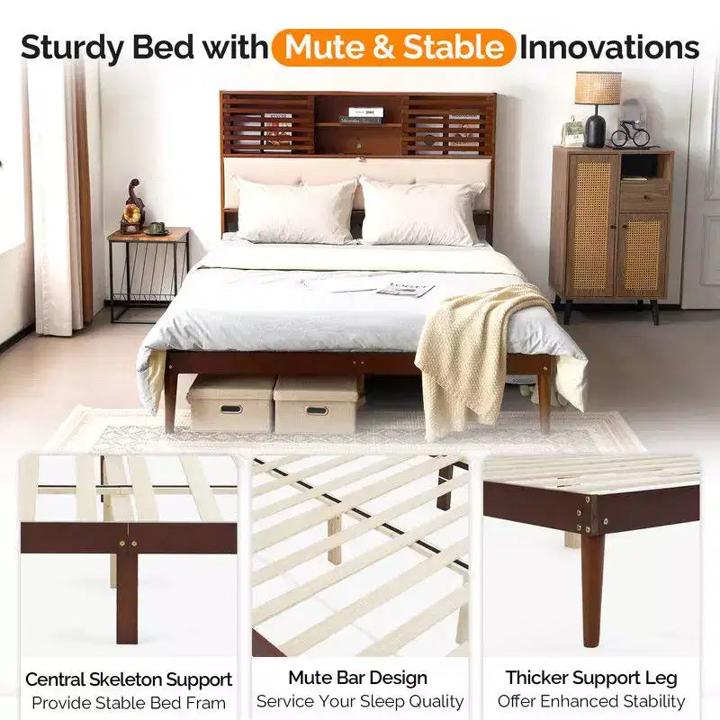 Karl Home Luxury Brown Wood Bed Frame Full Size Platform Bed with LED Upholstered Headboard, Charging Station