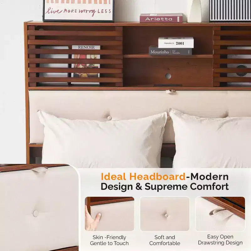 Karl Home Luxury Brown Wood Bed Frame Full Size Platform Bed with LED Upholstered Headboard, Charging Station