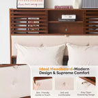 Karl Home Luxury Brown Wood Bed Frame Full Size Platform Bed with LED Upholstered Headboard, Charging Station