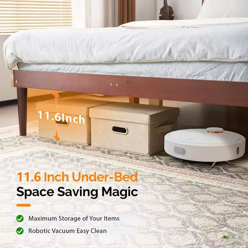 Karl Home Luxury Brown Wood Bed Frame Full Size Platform Bed with LED Upholstered Headboard, Charging Station