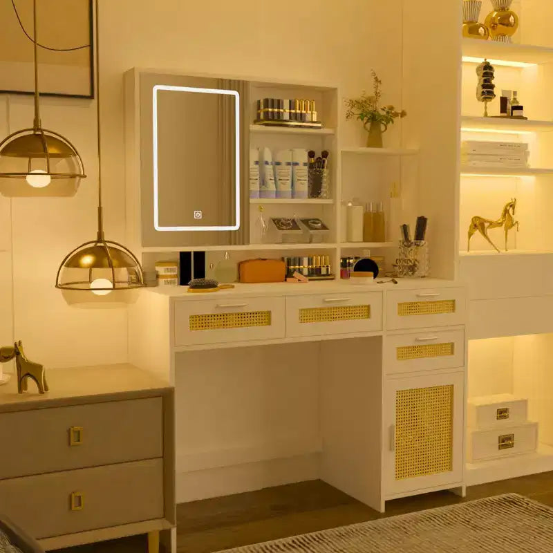 Okak Vanity Table with Lights, 3-Color LED Lighting & Flip Mirror, 4-Drawer Vanity Desk with Cabinet-Shelf Storage System, White