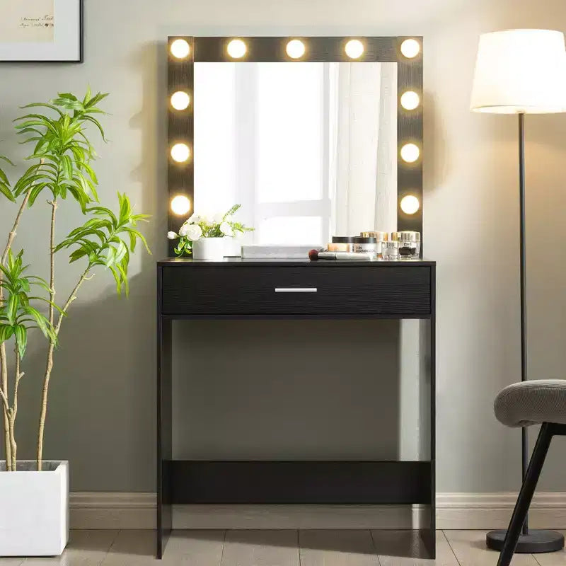 Okak Vanity Table with Spacious Drawers and Lights,Vanity Stool Set with Storage Compartment and 3-Level Adjustable Brightness Lighting,Black