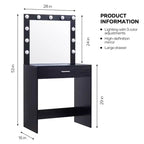 Okak Vanity Table with Spacious Drawers and Lights,Vanity Stool Set with Storage Compartment and 3-Level Adjustable Brightness Lighting,Black