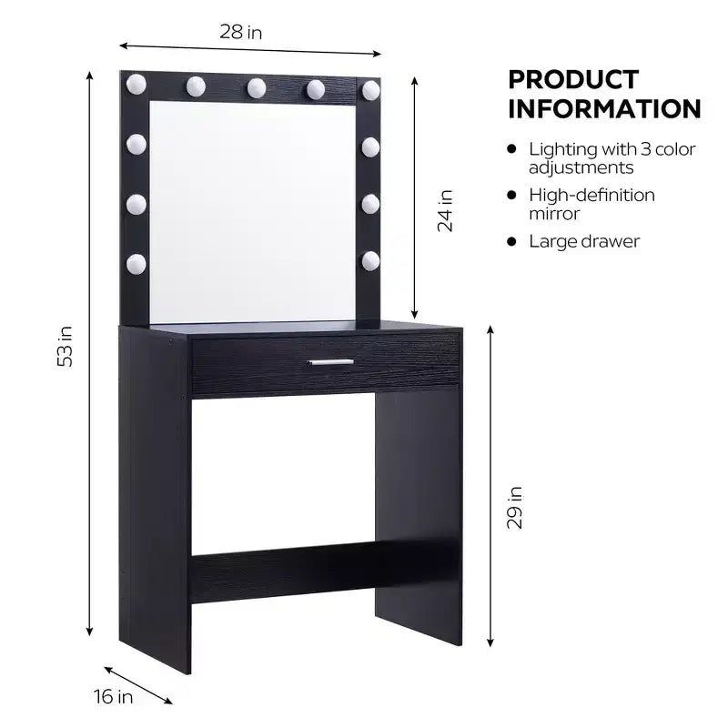 Okak Vanity Table with Spacious Drawers and Lights,Vanity Stool Set with Storage Compartment and 3-Level Adjustable Brightness Lighting,Black