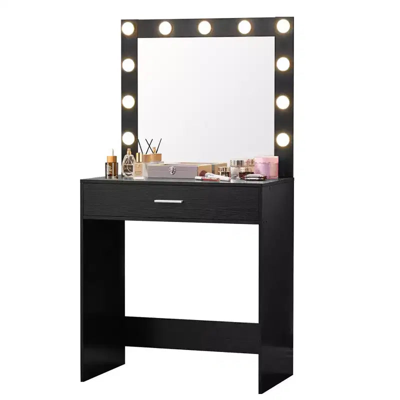 Okak Vanity Table with Spacious Drawers and Lights,Vanity Stool Set with Storage Compartment and 3-Level Adjustable Brightness Lighting,Black