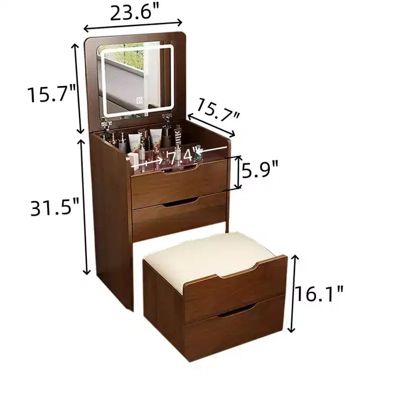 Okak 23.6 3-in-1 Vanity Table and Stool Set with Flip-Top Mirror,Compact Makeup Vanity with Visible Glass Desktop and 3 Drawers,Walnut