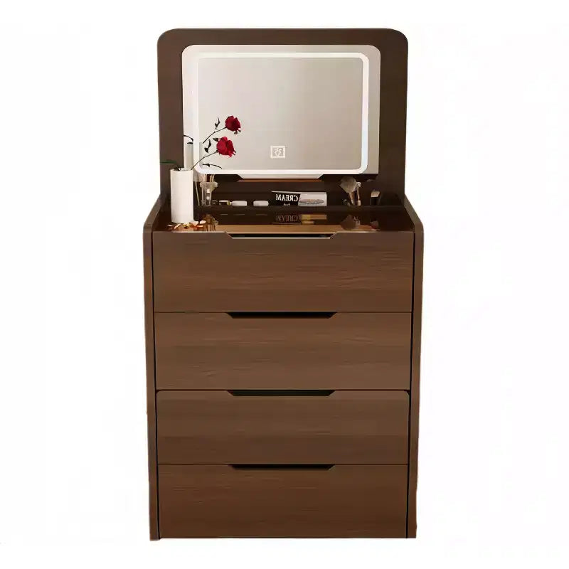Okak 23.6 3-in-1 Vanity Table and Stool Set with Flip-Top Mirror,Compact Makeup Vanity with Visible Glass Desktop and 3 Drawers,Walnut
