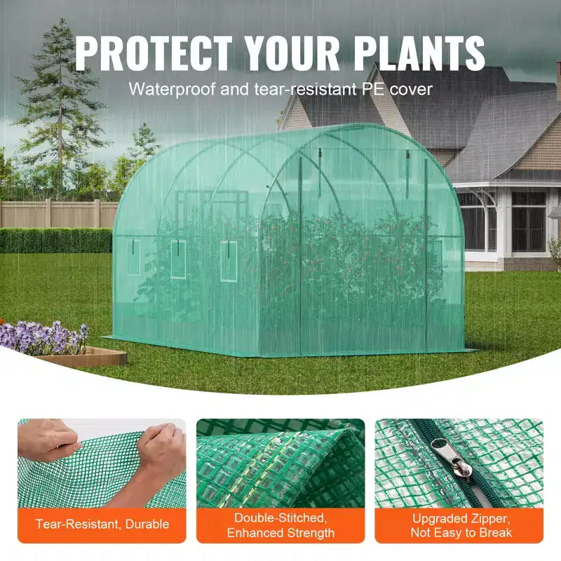 VEVOR Walk-in Tunnel Greenhouse, 11.3x6.4x6.3 ft Hoop House Greenhouse Tunnel with Galvanized Steel Frame, Green PE Cover, Roll-up Zipper Door