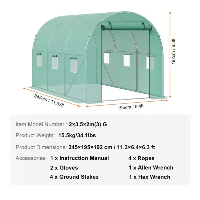 VEVOR Walk-in Tunnel Greenhouse, 11.3x6.4x6.3 ft Hoop House Greenhouse Tunnel with Galvanized Steel Frame, Green PE Cover, Roll-up Zipper Door