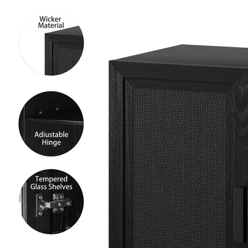 62 Black Wood Grain 6-Story Decorative Storage Cabinet with Wicker Door