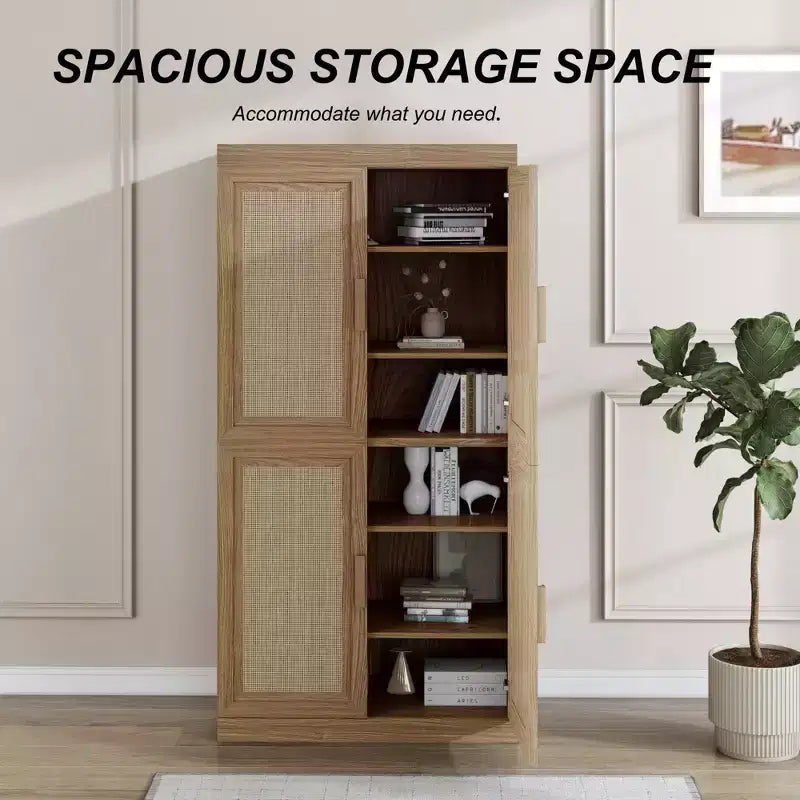 62 Black Wood Grain 6-Story Decorative Storage Cabinet with Wicker Door