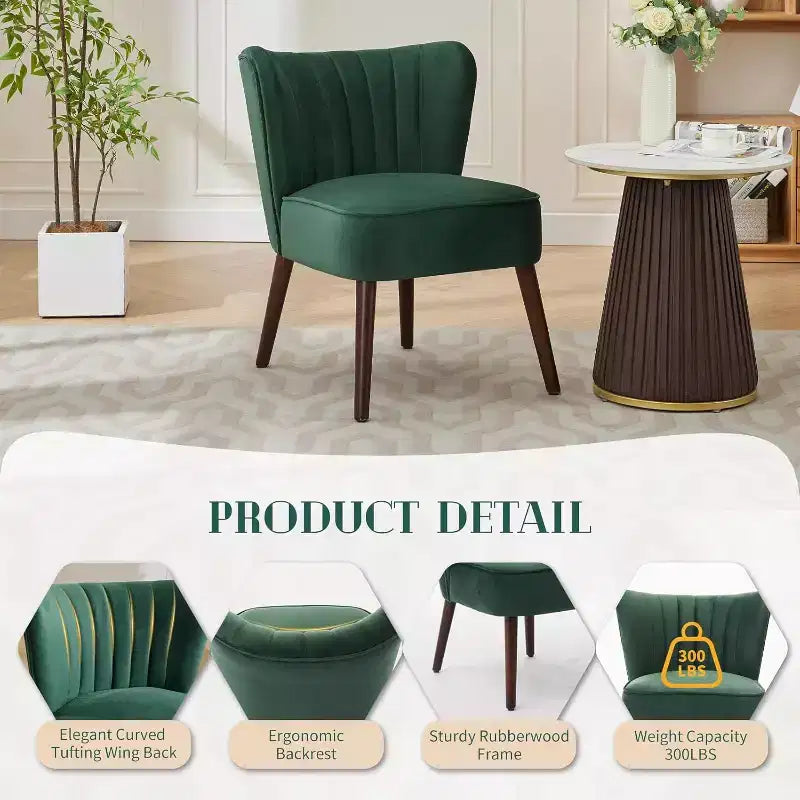 Modern Velvet Accent Chair  Armless Design, 300lbs Capacity with Wooden Legs for Living Room, Bedroom & Office (Black/Green/Beige)