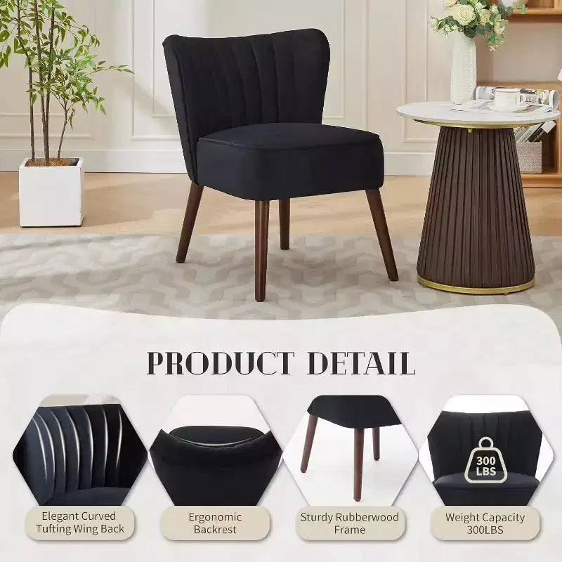 Modern Velvet Accent Chair  Armless Design, 300lbs Capacity with Wooden Legs for Living Room, Bedroom & Office (Black/Green/Beige)