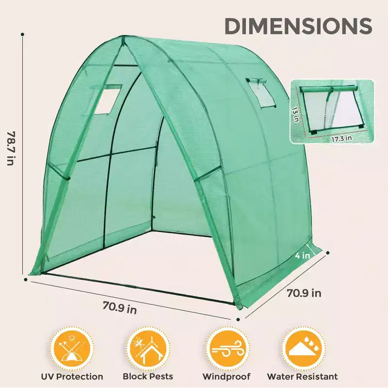 EAGLE PEAK 70.9x70.9x78.7 Tunnel Greenhouse Garden Greenhouse with Zippered Door and 2 Roll-up Side Windows, Clear/Green